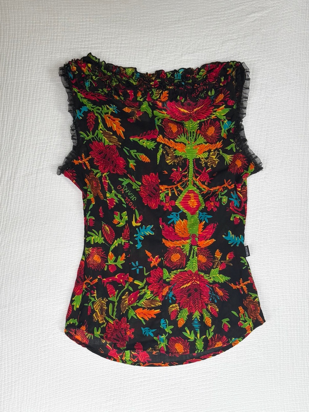 Rare Vintage Moschino Jeans Ruffle Short Sleeve Wool Floral Boatneck Blouse - Picture 2 of 7